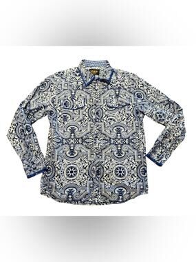 Limited Edition Mens Large Blue and White Paisley Print Pearl Snap Western Shirt